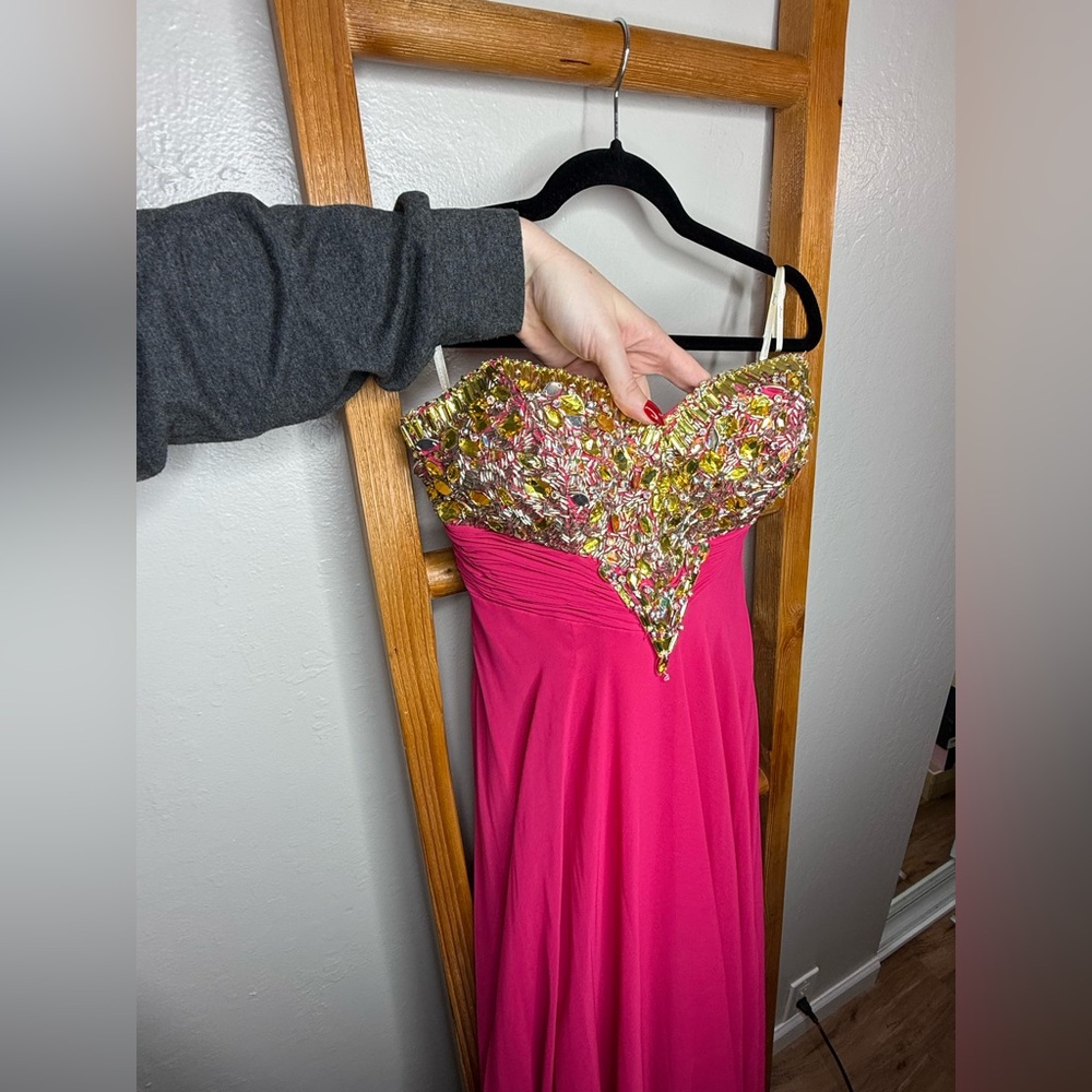 Beaded Pink Prom Dress with Orange Gold Sequins and Rhinestones - Picture 2 of 8